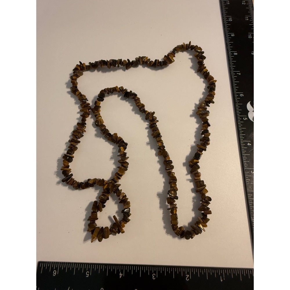 Natural Tigers Eye Chip Bead Necklace Brown‎ Gold Gemstone Boho 32 Inch Strand